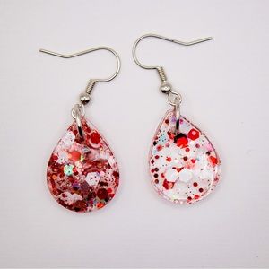 Red and White Glitter .5” teardrop Resin Earrings with silver Hardware